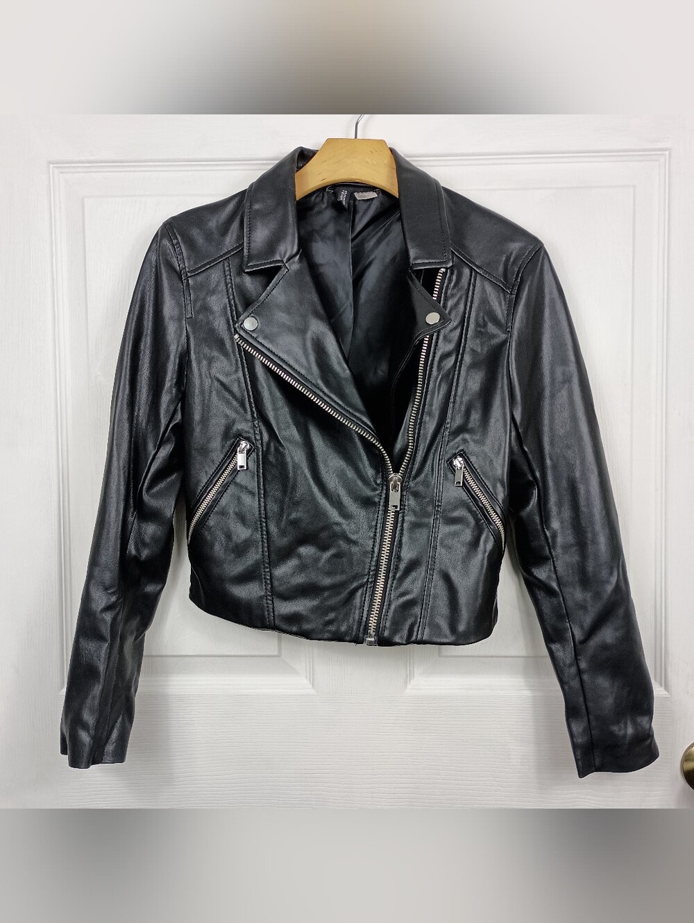 H&M Divided Motorcycle Jacket Womens 4 Black Cropped Faux Leather Biker Edgy